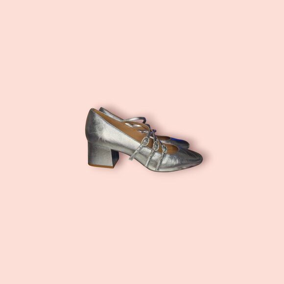 Reformation Shoes - Reformation Mimi Buckle Pump Silver Rhinestone Block Heel Pumps Metallic 8.5